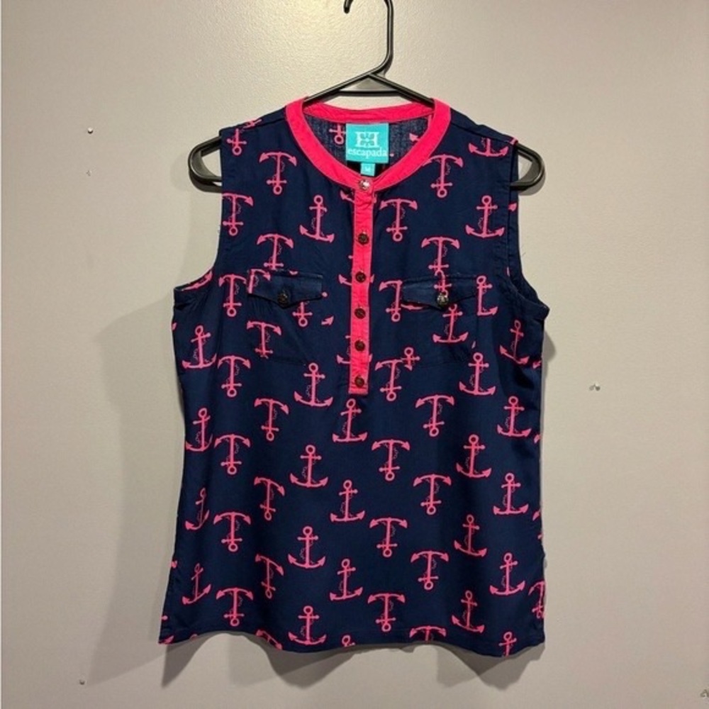 Escapada Navy Tank Top with Hot Pink Anchor Print